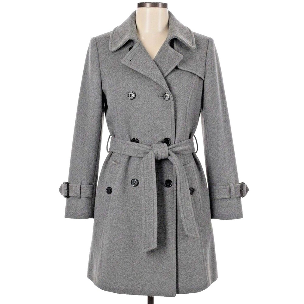 Calvin Klein Womens M Grey Belted Wool Blend Trench Coat Heavy Winter Jacket